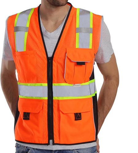 Vest Reflective Orange Mesh, High Visibility Vest with Pockets and Zipper, Heavy Duty Vest Made with 3M Reflective Tape 2XL