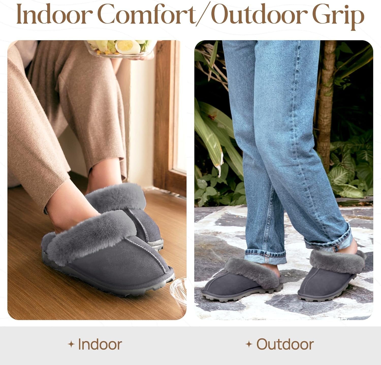 Genuine Australian Sheepskin Women Slippers, Water-Resistant Warm and Fluffy Outdoor House Slippers for Women