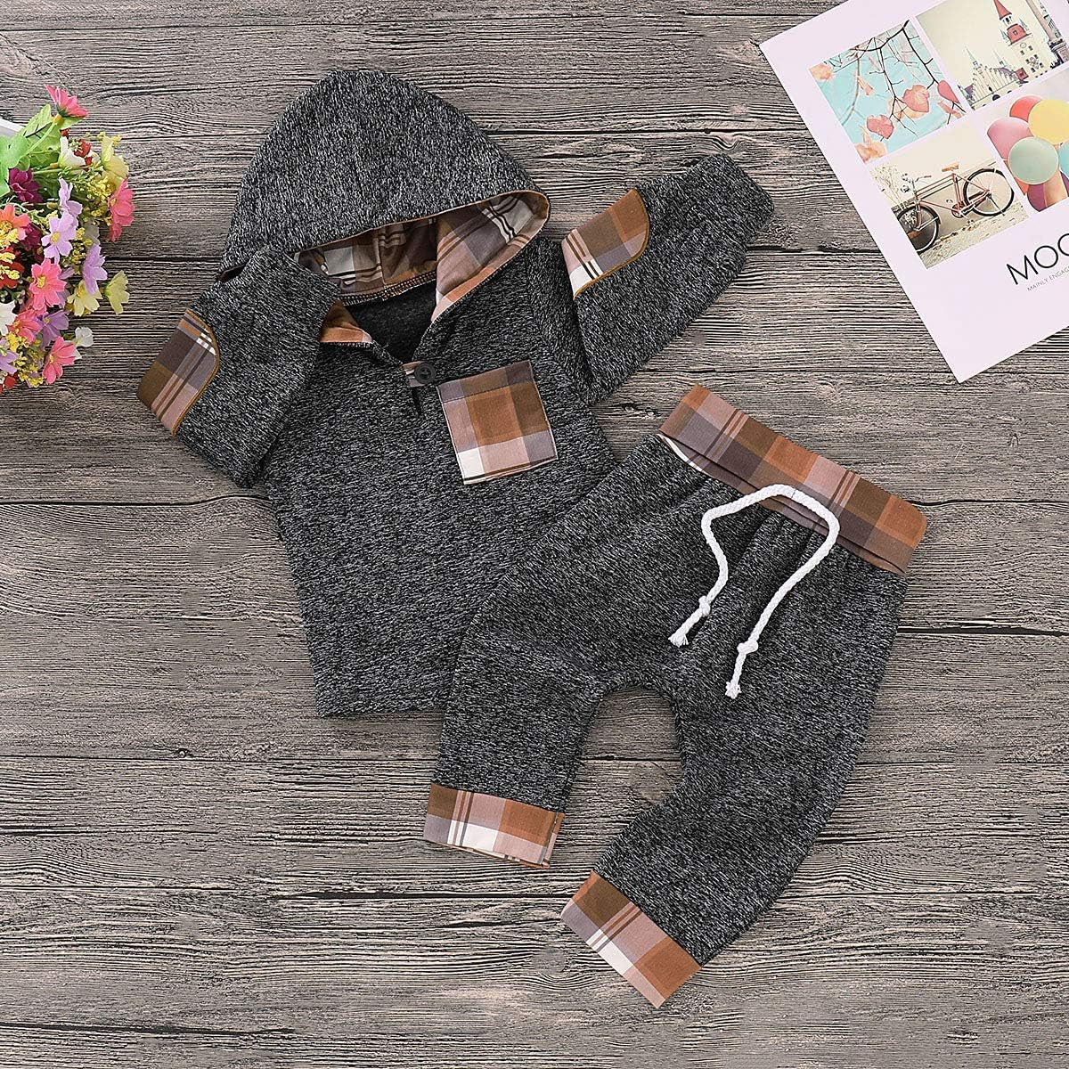 Toddler Infant Baby Boys Clothes Plaid Long Sleeve Hoodie Sweatshirt Pants Fall Winter 2Pcs Outfits Set