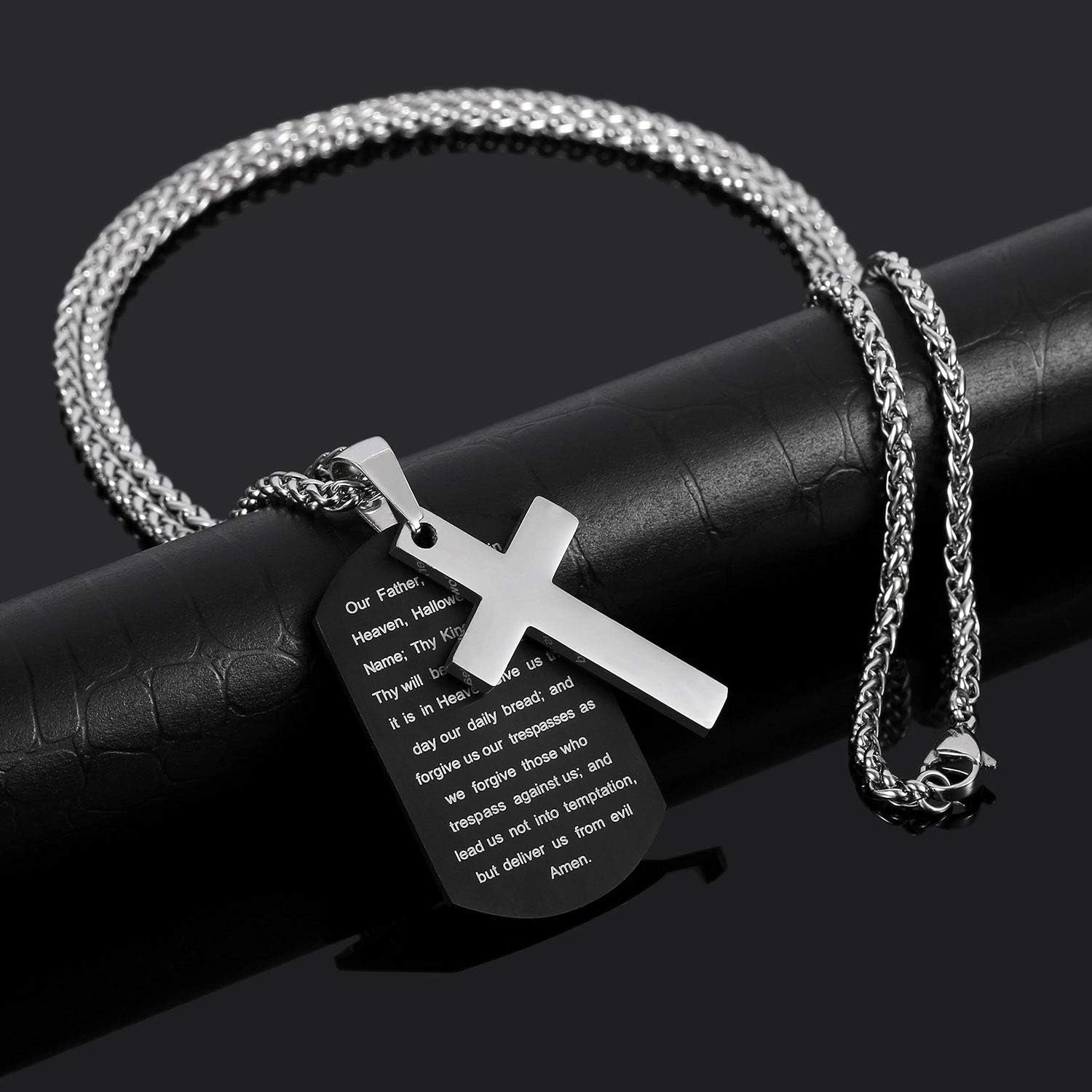Stainless Steel Dog Tag Cross Necklace for Men Boys Lord’S Prayer/Bible Verse Pendant with Wheat Chain 24 Inches