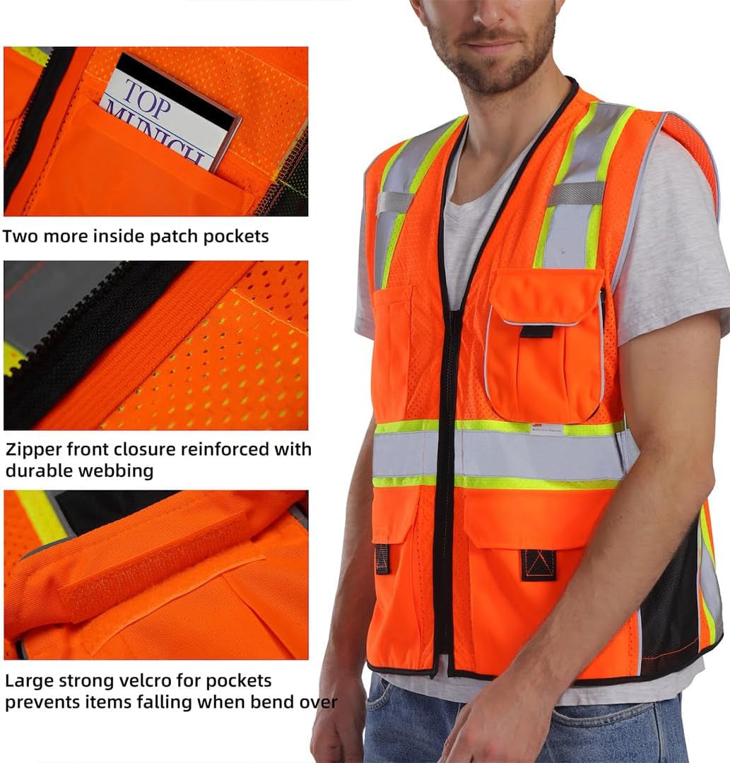 Vest Reflective Orange Mesh, High Visibility Vest with Pockets and Zipper, Heavy Duty Vest Made with 3M Reflective Tape 2XL