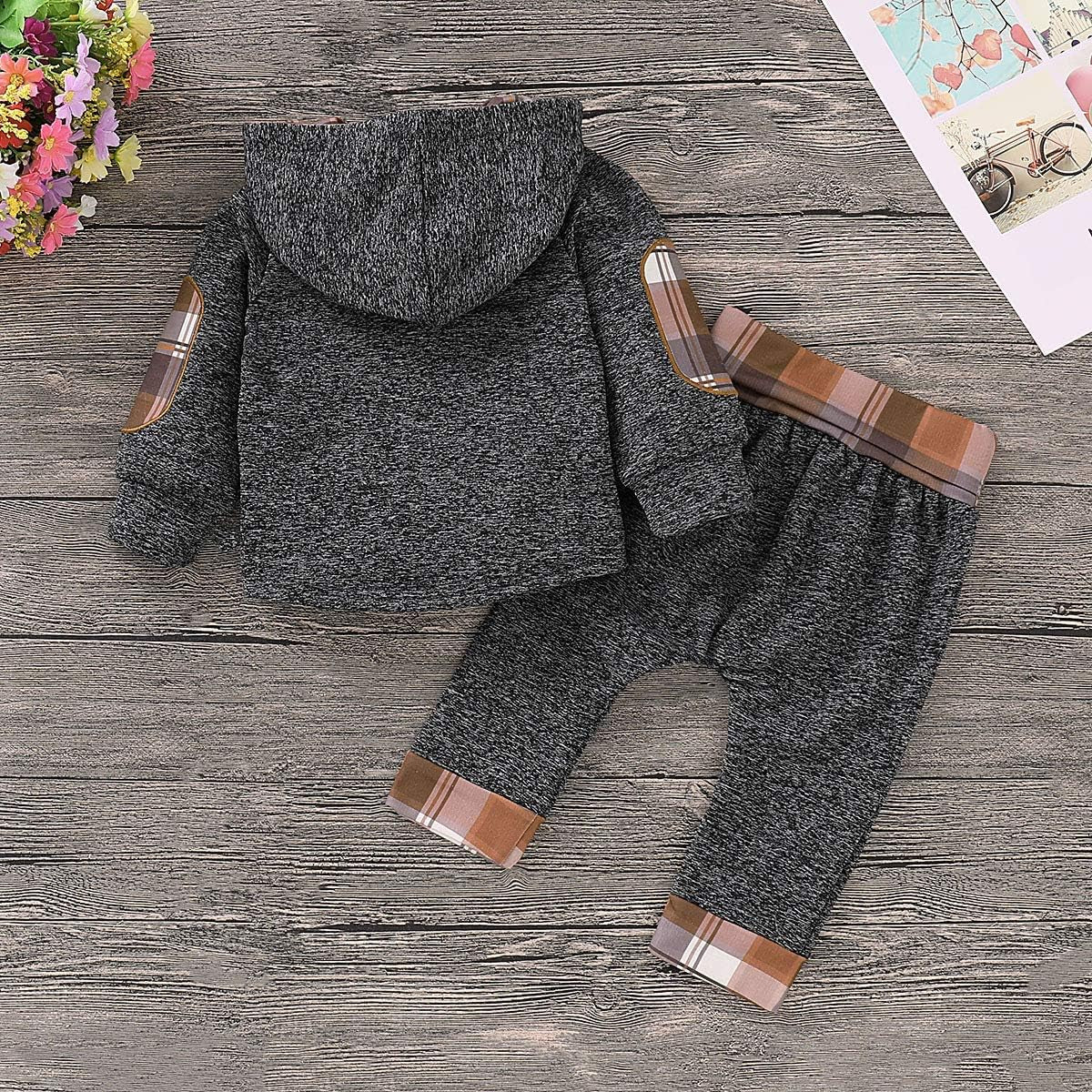 Toddler Infant Baby Boys Clothes Plaid Long Sleeve Hoodie Sweatshirt Pants Fall Winter 2Pcs Outfits Set