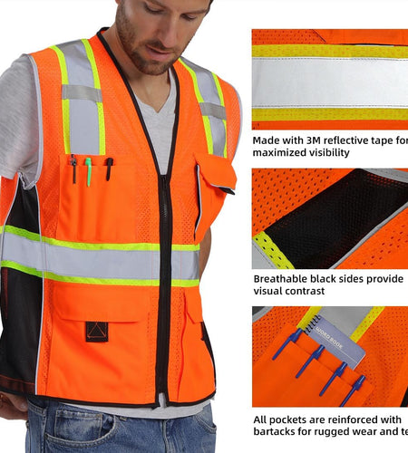 Vest Reflective Orange Mesh, High Visibility Vest with Pockets and Zipper, Heavy Duty Vest Made with 3M Reflective Tape 2XL