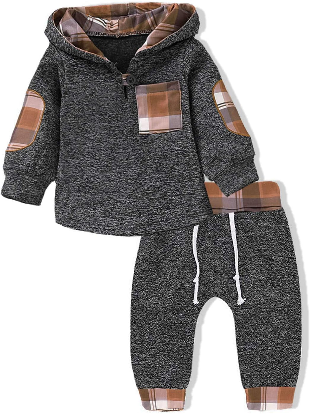 Toddler Infant Baby Boys Clothes Plaid Long Sleeve Hoodie Sweatshirt Pants Fall Winter 2Pcs Outfits Set
